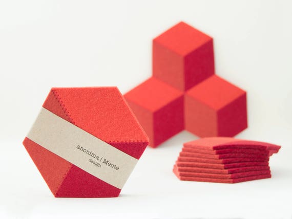 Set of orange felt coasters, geometric, stylish coasters, wool felt, handmade, gift idea, home decor, housewarming gift, made in Italy