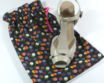 Shoe Bags, Charcoal, multi color dots, travel, organize, shoe storage, set of 2, cotton