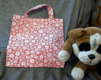 Library Book Lunch Gift Tote Bag, White Flowers on Red Print