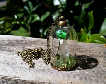 Green flower and quartz crystal terrarium necklace