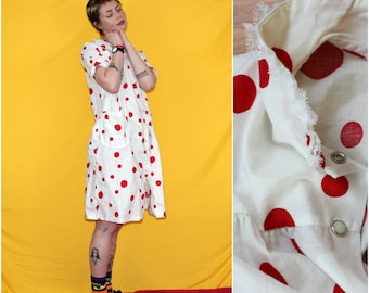 Vintage 60s Muumuu House Dress. Mid Century Red Polka Dot Retro Nightgown. 60s Polka Dot Vintage Muu Muu. Retro 50s or 60s Nightgown.