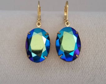 Vintage Sapphire AB Crystal on Brass Leverbacks