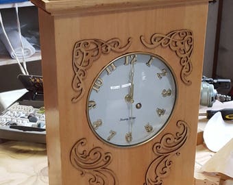 Grandchild Clock: Quartz clock set in hand made pine box with reclaimed pot lid as face glass Stained in pecan and delicately trimmed
