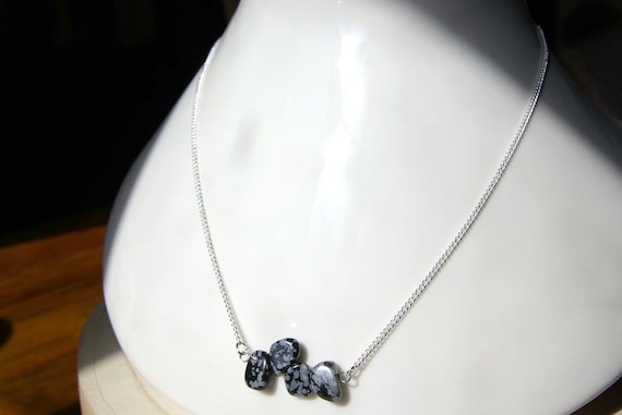Snowflake Obsidian Bar necklace, Silver 925 necklace, Snowflake Obsidian Gemstone, birthstone, jewelry Minimalist, Zodiac