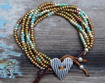 6 Strand Seed Bead Bracelet. Boho. Sterling . Leather . Glass . Wedding Gift .Bracelet. Boho .