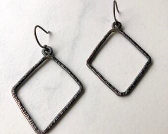 Hammered Dark Patinated Rhombus Shaped Copper Dangle Earrings On Sterling Silver Earwires