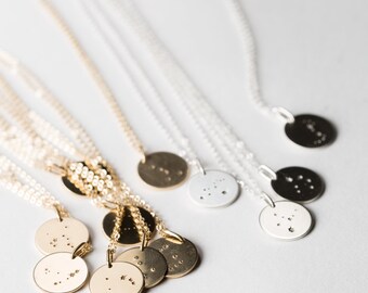 Zodiac Constellation Necklace • Custom Zodiac Sign • Astrology Necklaces • Disk Necklace in Silver, Gold Fill, or Rose Gold • LN201