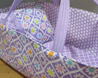 Doll Carrier, Will Fit Bitty Baby and Wellie Wisher Dolls, Daisies with Lavender Lining, 16 Inches Long, Doll Basket