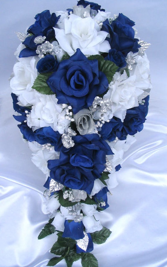 Wedding Bouquet flowers Bridal Silk Cascade dark BLUE ROYAL