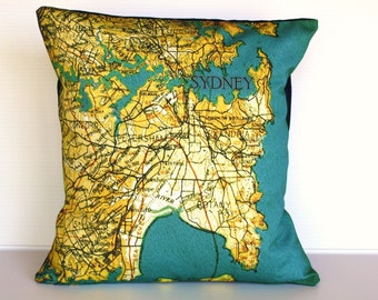 City maps pillow cushion, SYDNEY organic cotton cushion cover, map cushion, pillow, 16 inch