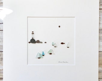 Pebble and seaglass Art, Original Art by Sharon Nowlan. Matted or framed, 12in x 12in Nautical Art, Lighthouse
