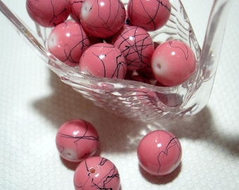 Pink with Black Splash Glass Round 12mm Beads (Qty 17) - B3467