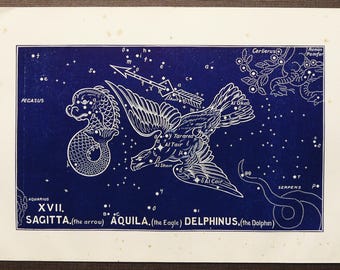 1911 Antique print of STARS. CONSTELLATIONS. The Eagle. Astronomy print. Zodiacal Constellations Zodiac. 117 years old celestial chart