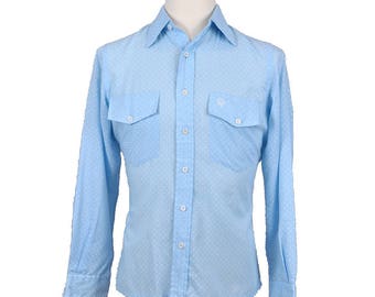 ON SALE Vintage Ultra Rare 1970's CHRISTIAN Dior Baby Blue Shirt Mens M-Medium White Polka Dots