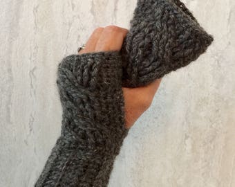 Cabled Hand Warmers, Crochet Cabled Gloves, Cabled Fingerless Gloves, Texting Gloves, Winter Gloves, Wool Gloves, Wool Fingerless Gloves