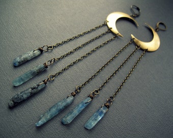Crescent Moon Earrings - Raw Crystal Earrings - Raw Kyanite Earrings - Blue Kyanite Jewelry - Moon Jewelry - Bohemian Raw Crystal Jewelry