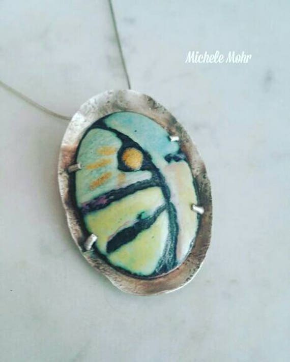 Abstract Enamel Pendant - copper and sterling silver 20" necklace