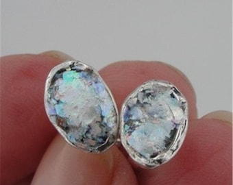 Antique, Elegant 925 Sterling silver Roman Glass oval stud Earrings, great for gift ! (AS 43)