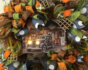 Vintage Car, Deco Mesh Wreath, Deco Mesh Wreaths, Fathers Day gift, Front Door Wreath, Front Door Wreaths, Deco mesh reefs, Deco mesh reef