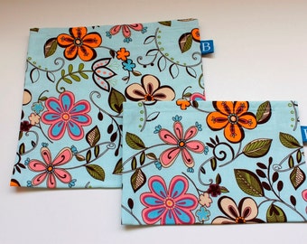 Reuseable Eco-Friendly Set of Snack and Sandwich Bags in Pale Blue Floral Fabric
