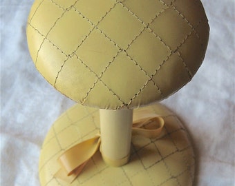 Yellow Vinyl Hat Stand - Vintage Covered Wooden Hat or Wig Holder - Quilted Tabletop Hat Display or Shelf Storage - Shabby Chic Photo Prop