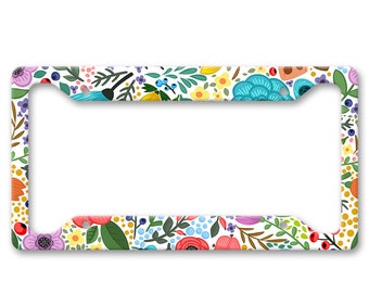 Bright All Over Flower Pattern Print - Bright Colored Boho Hippie Folk Floral Pattern - Auto License Plate Frame - LP1470