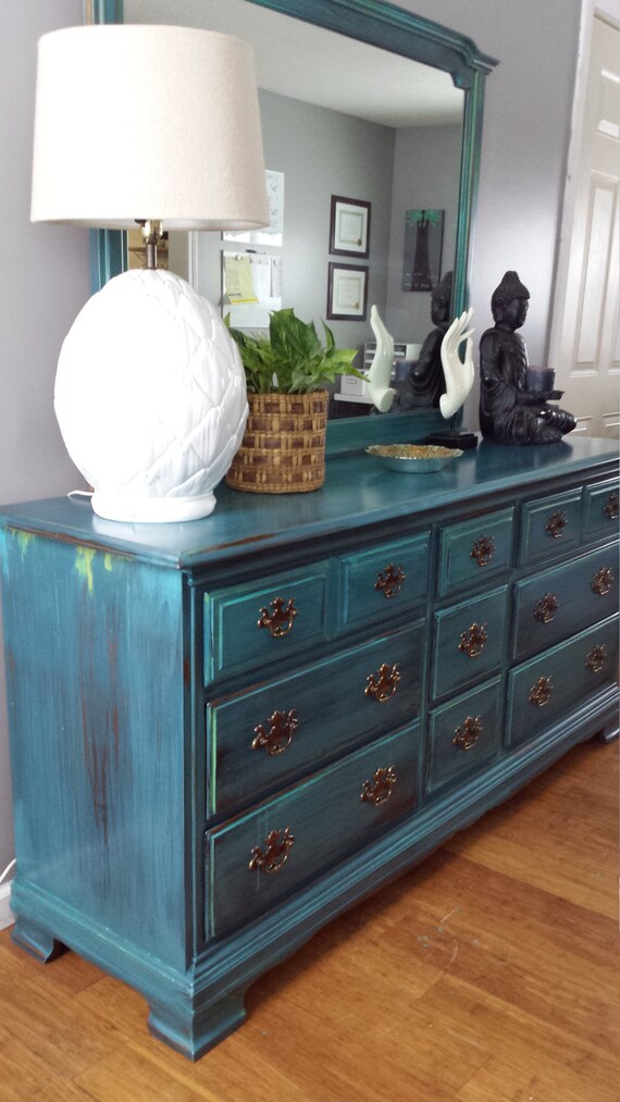 SOLD Hand painted teal dresser patina green blue turquoise