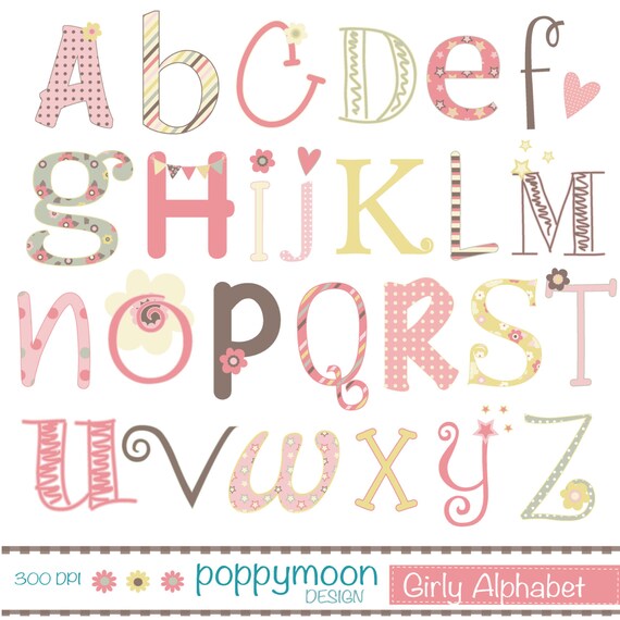 Girly alphabet pink pastels printable digital clipart set