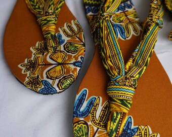Ethnic Dashiki Ankara Wax African Print Green Yellow Gold Brown Strappy Sandals Size 10.5 Euro Size 41