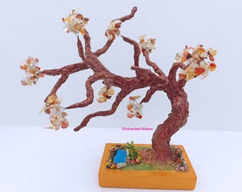 Red Agate and Citrine Beaded Wire Tree | Beaded Bonsai Tree | Wire Tree Sculpture