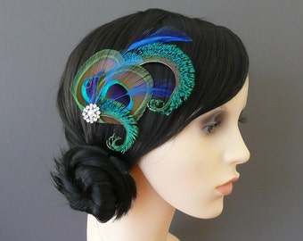 Peacock Feather Hair Clip Royal Blue Fascinator 1920's Flapper Bridesmaid Gift Hair Accessory Pearl Crystal Wedding Bridesmaids 'Althea'