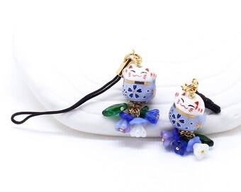 Happy Cat Blues - Maneki Neko Lucky Cat Bead, Phone Charm / Zipper Pull, Czech Glass Flowers, Choice of Dust Plug, Lanyard or Swivel Clasp