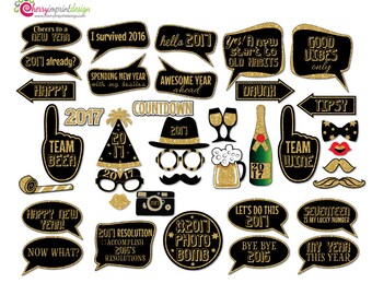 38 Funny 2017 New Year Countdown Photo Booth Props - Black and Gold Glitter - INSTANT DOWNLOAD - DIY Printable (Pdf and High-Res Jpeg)