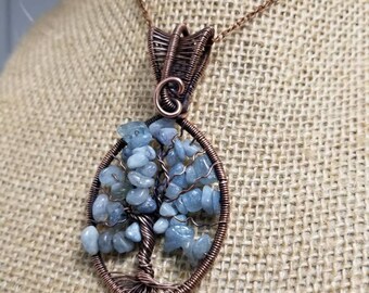 Oxidized copper Tree of Life with Aquamarine gemstone chips.
