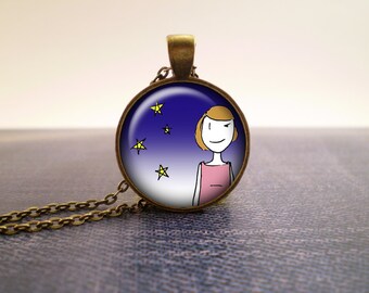 Starry night glass pendant, hand-drawn design
