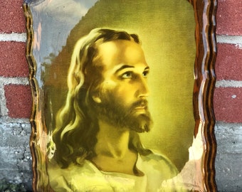 Vintage Lacquered Wooden Plaque with Image of Jesus - Religious Decor