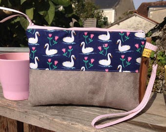 Flat clutch "Swans" / hand bag and strap