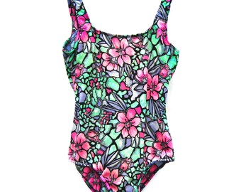 80s Pastel Floral Bathing Suit, vintage one piece bathing suit -- pink and teal, bold floral, patterned, bright, 1980s 80s