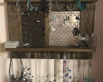 Wood Jewelry Organizer, wall hanging display , home decor,