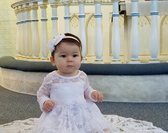 Baptism Dress-White Lace Long Sleeve Dress- Baby Flower Girl Dress- Dresses- Ivory Girls Dress-Cream- Rustic Wedding Dress-Christening Gown