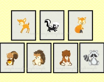 Woodland Nursery Decor, Woodland Animals Printable Wall Art, Deer, Skunk, Fox, Bear, Hedgehog, Squirrel, Raccoon, set of 7