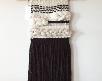 Woven Wall Hanging, Handmade Tapestry, Mid-Century Modern Decor, Boho Decor, Macrame Wall Hanging, Black and white, "Midnight" Wall hanging
