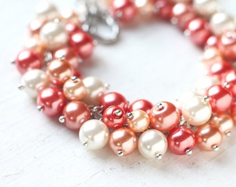 Orange Wedding Bridesmaid Jewelry Pearl Cluster Bracelet - Mandarin