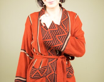 Vintage 70s Boho Hippie Rust Orange Geometric Tribal Cardigan Sweater Belted Bell Sleeves Retro Bohemian Clothing ~ Medium