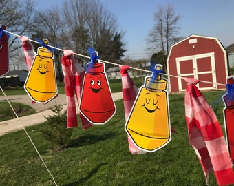 Rag garland-card stock-ketchup-mustard-bottles-red-white-gingham-blue-tulle-party decoration-barbecue-cookout-food table-fun-country