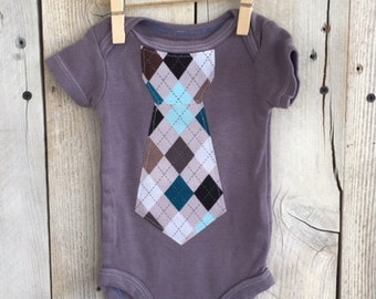 Newborn Bodysuit with an Argyle Iron On Tie Gray