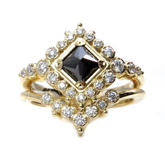 Modern Halo Engagement Ring Set- Reverse Set Black Princess Diamond with Nesting Wedding Band