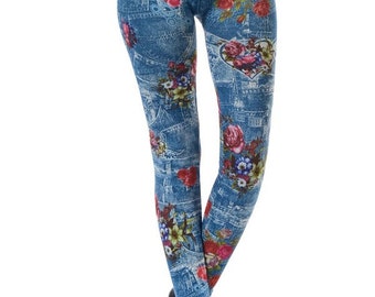 Rose Print Denim Leggings, Leggings for women, Printed Leggings