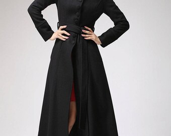 Black coat, dress coat, mandarin collar, long coat, womens jacket, winter jacket, buttoned coat, belted coat, street fashion (717)