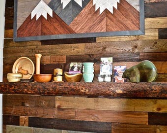 Rustic Wooden Mountain Landscape Art Mosaic Wall Hanging